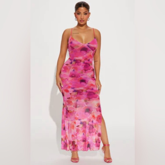 Pink floral cami dress with split. - Picture 1 of 2